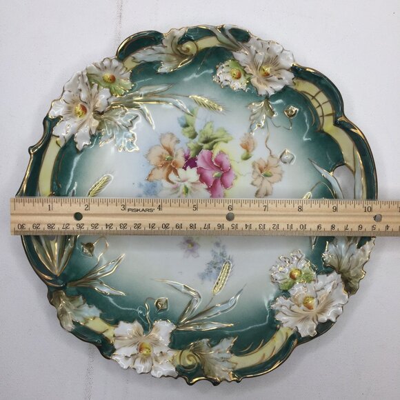 Vintage 10" Prussia Decorative Turquoise Floral Ceramic Plate Hanging White Pink - Picture 7 of 7